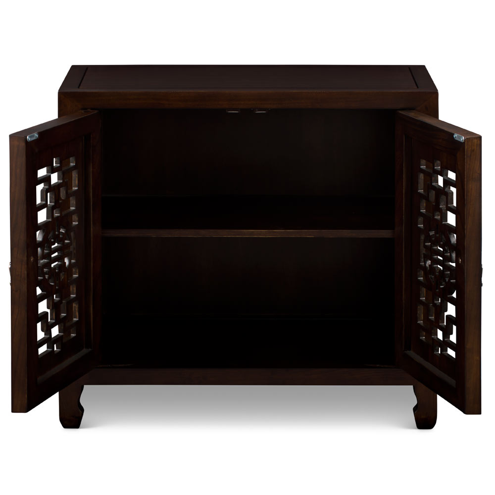 Dark Espresso Elmwood Chinese Longevity Cabinet with Geometric Lattice Doors