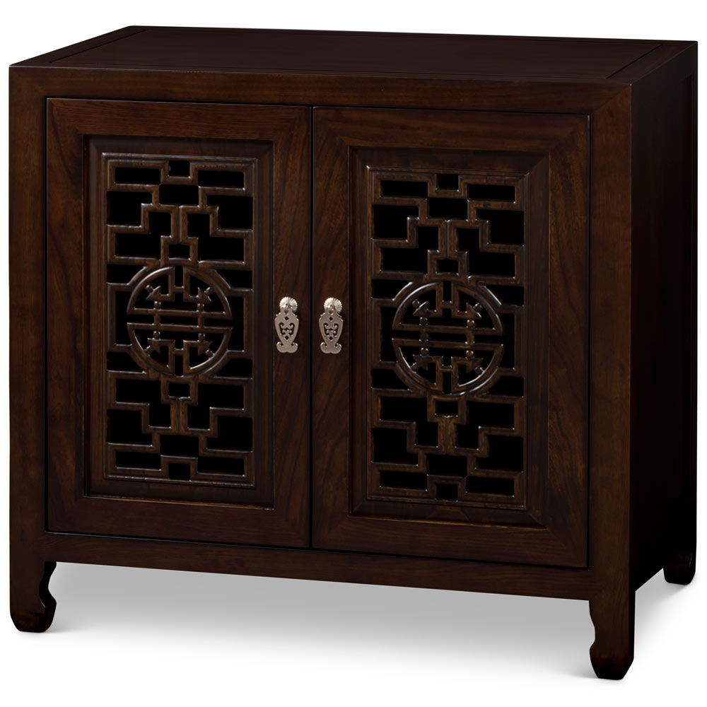 Dark Espresso Elmwood Chinese Longevity Cabinet with Geometric Lattice Doors