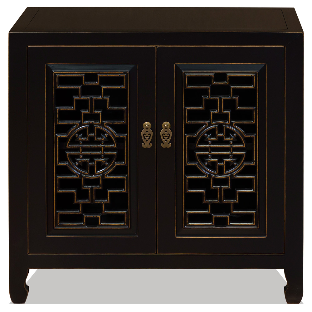Black Distressed Elmwood Chinese Longevity Cabinet with Geometric Lattice Doors