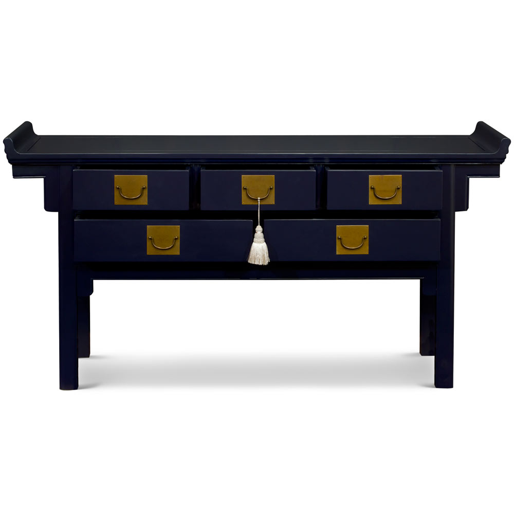 Navy Blue Elmwood Chinese Qing Altar Motif Table with White Tassel