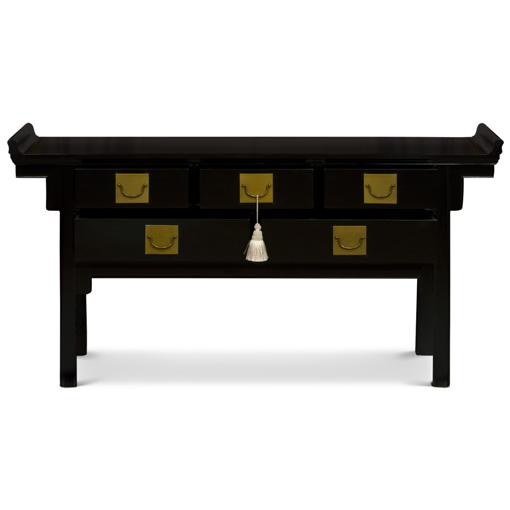 Matte Black Elmwood Chinese Qing Altar Motif Table with White Tassel