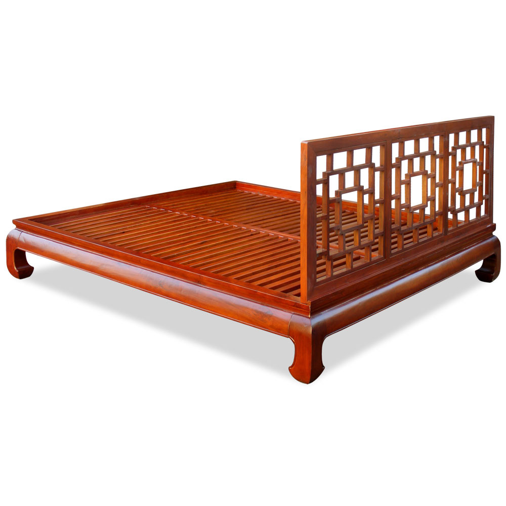 Honey Elmwood Ming King Size Chinese Platform Bed with Lattice Headboard