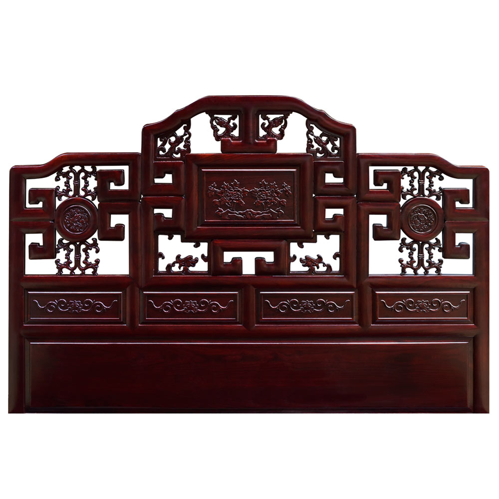 Dark Cherry Elmwood Imperial Qing Queen Size Chinese Platform Bed with Lattice Headboard