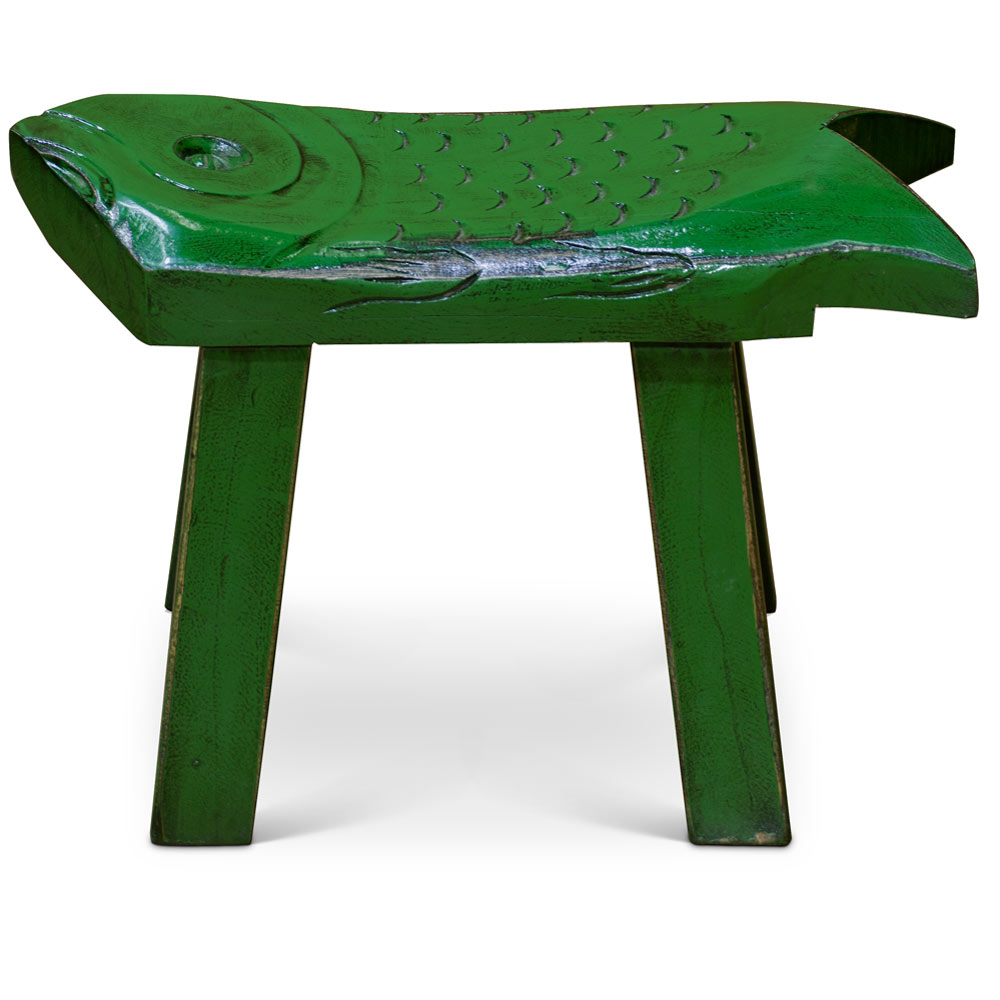 Hand Carved Distressed Green Wooden Carp Asian Stool
