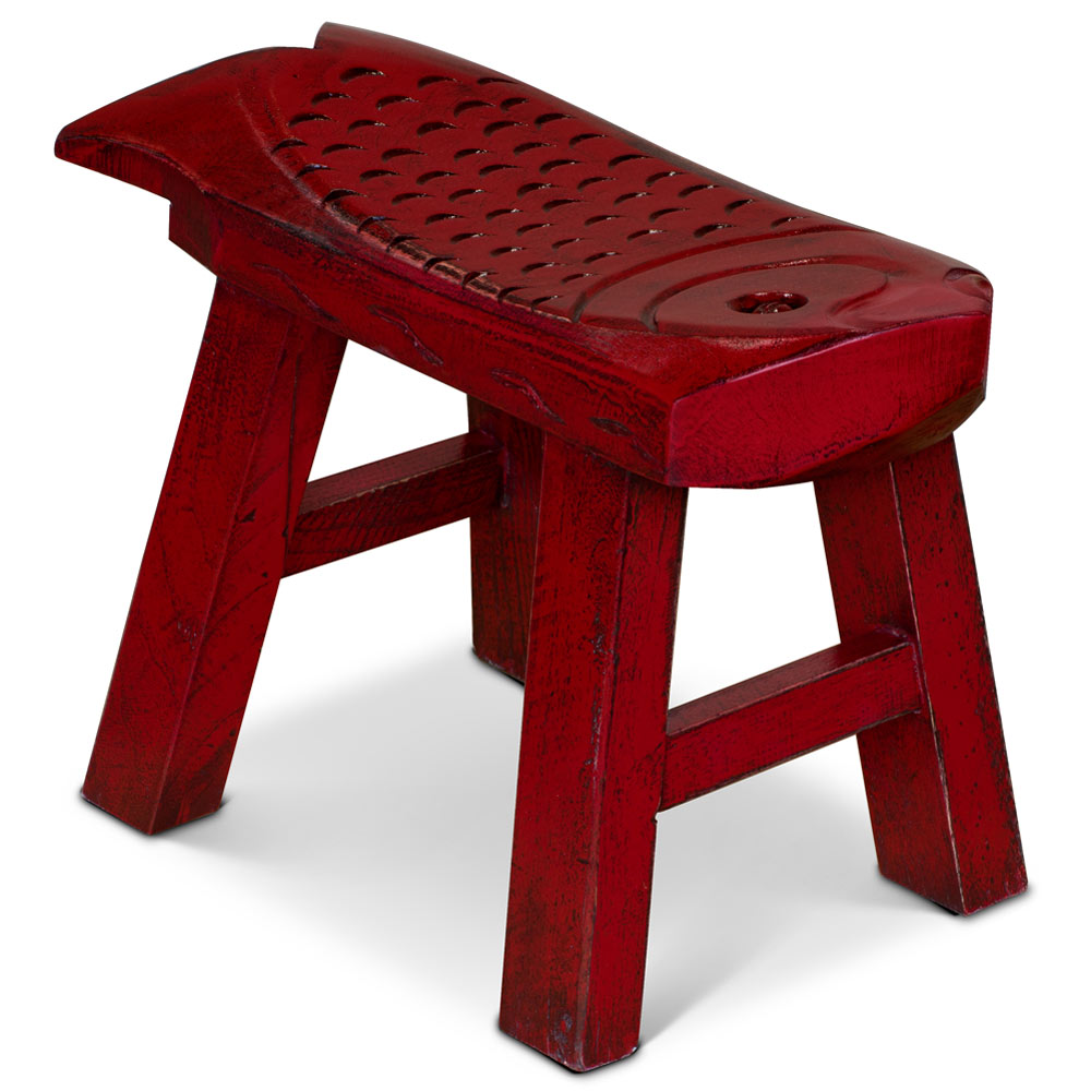Hand Carved Distressed Red Wooden Carp Asian Stool