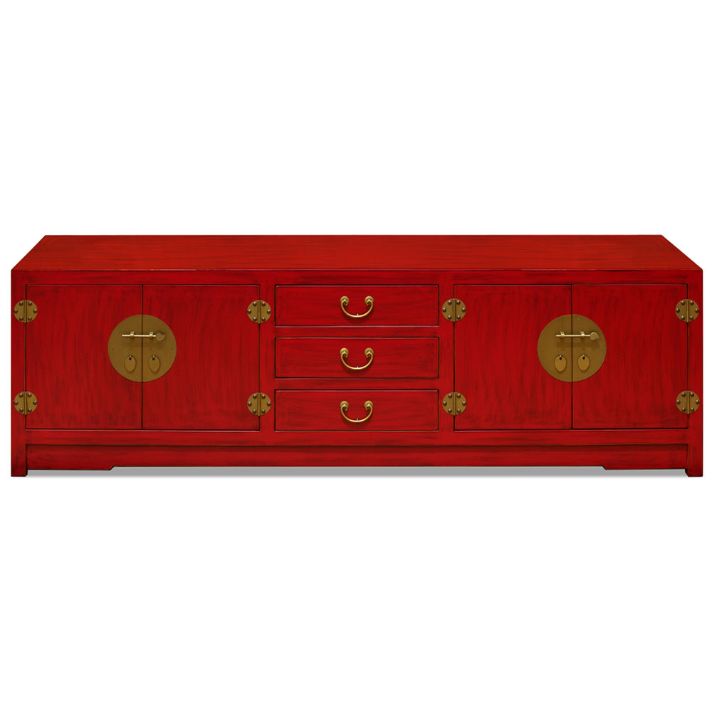 Distressed Red Elmwood Chinese Ming Media Cabinet