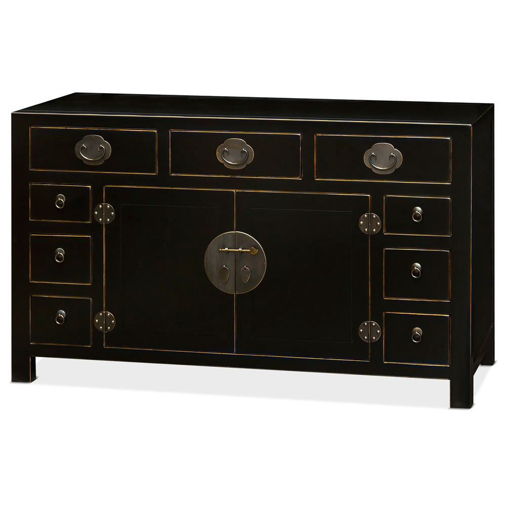 Black Elmwood Peking Oriental Cabinet with Assorted Compartments