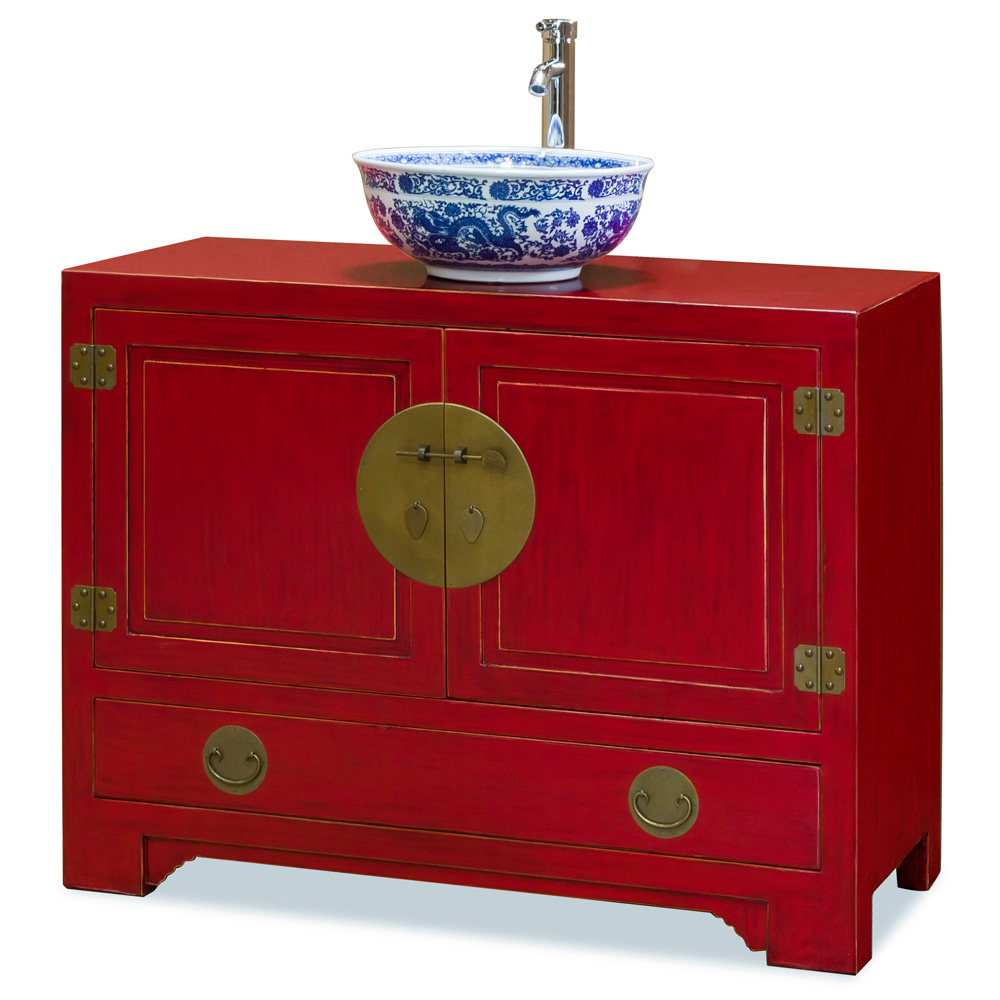 Distressed Red Elmwood Ming Vanity Cabinet