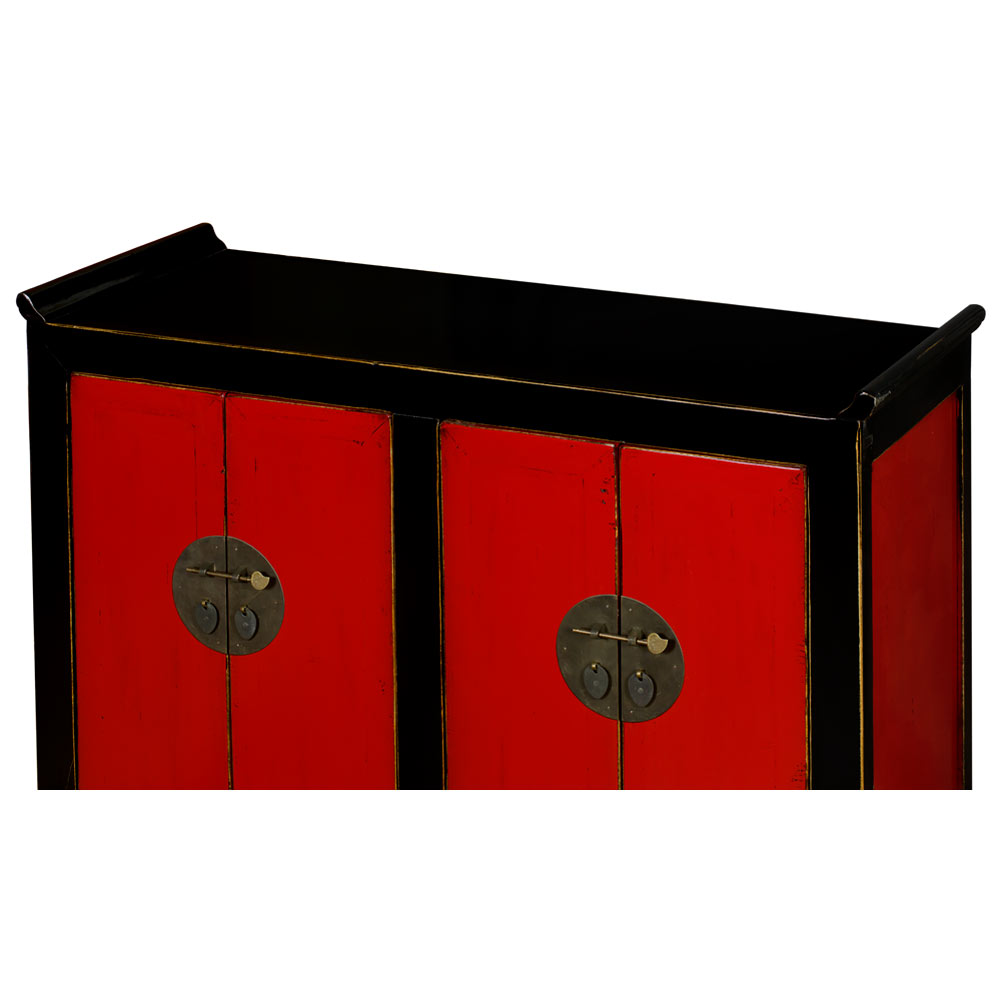 Distressed Red and Black Elmwood Altar Style Ming Cabinet