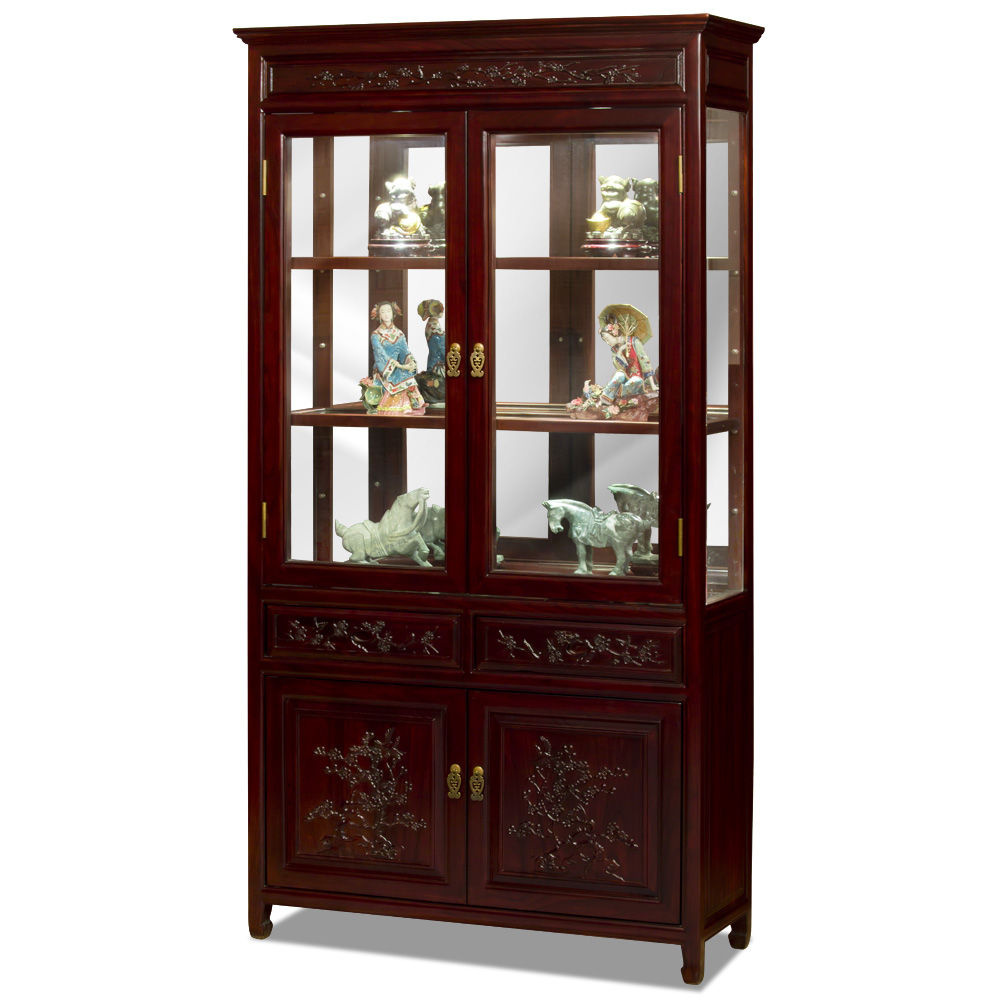 Dark Cherry Elmwood Flower and Bird Design Oriental Curio Cabinet