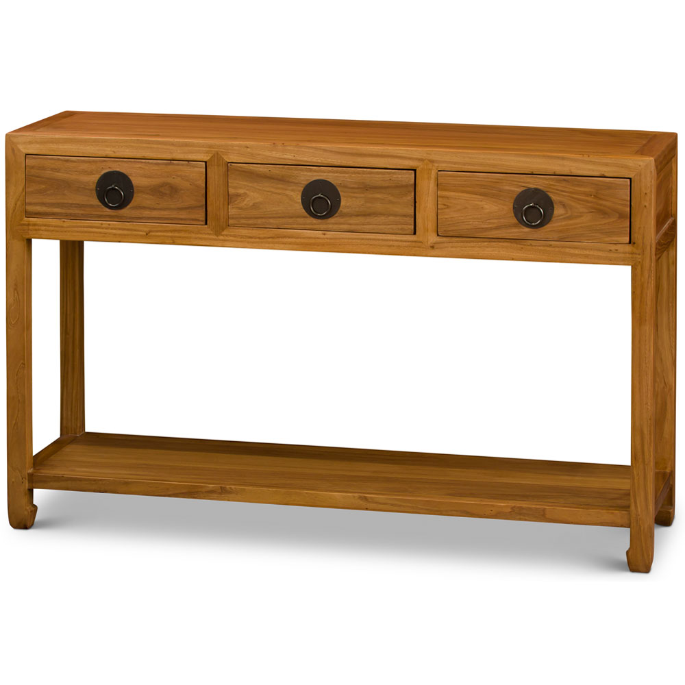 Natural Elmwood Chinese Ming Console Table with 3 Drawers and Shelf