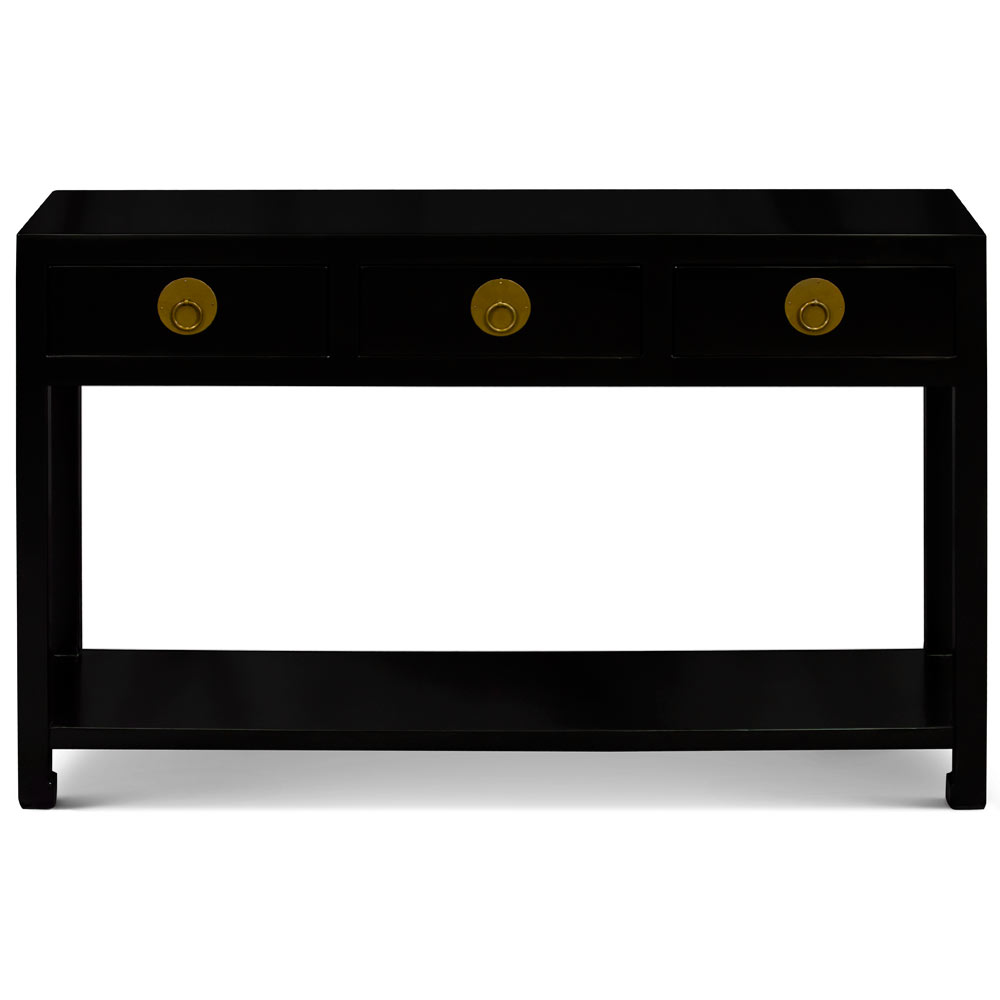 Matte Black Elmwood Chinese Ming Console Table with 3 Drawers and Shelf