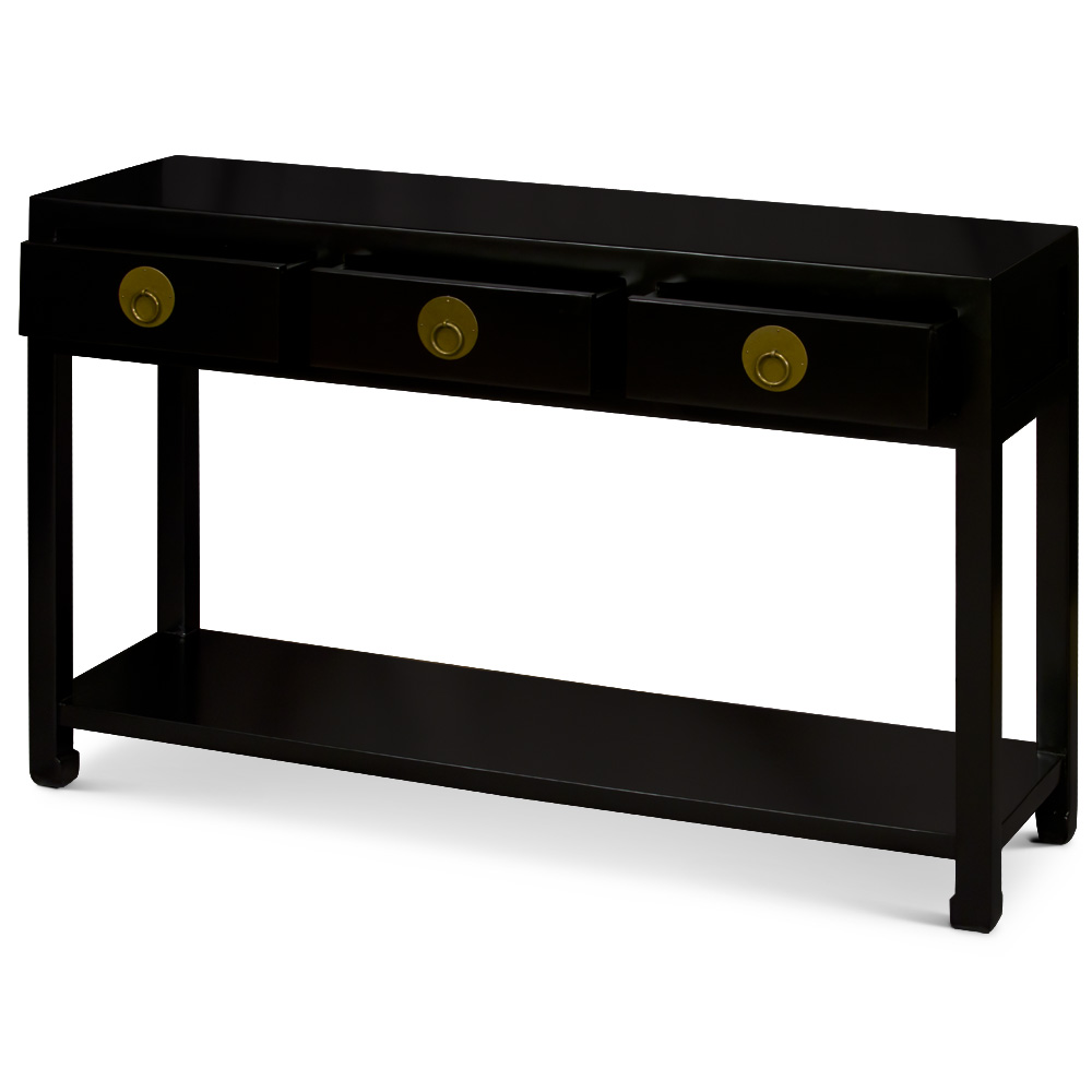 Matte Black Elmwood Chinese Ming Console Table with 3 Drawers and Shelf
