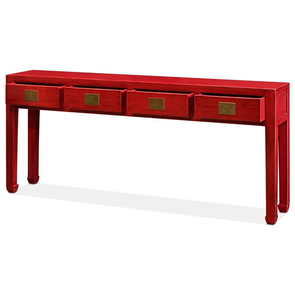 Distressed Red Grand Elmwood Chinese Ming Console Table with 4 Drawers
