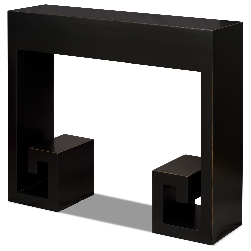 Distressed Black Elmwood Modern Chinese Console Table with Scroll Key Design