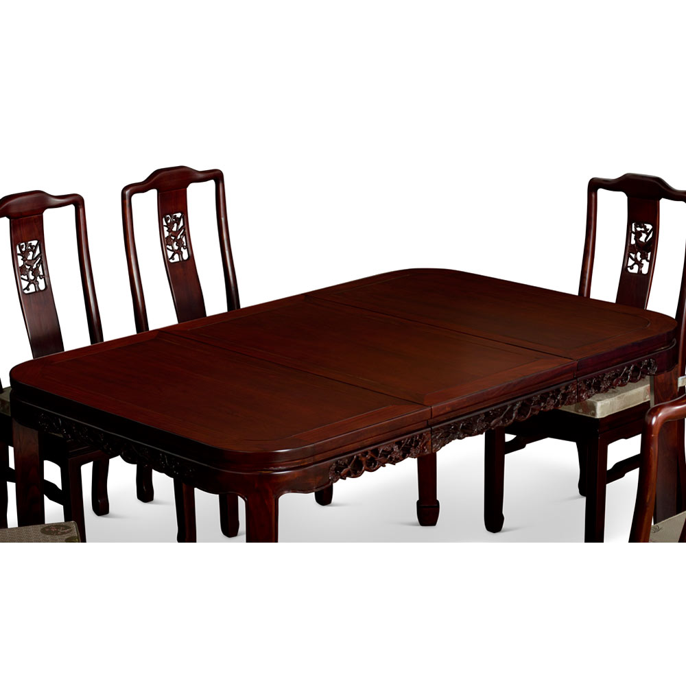 60in Dark Cherry Elmwood Chinese Flower Motif Rectangle Dining Set with 6 Chairs