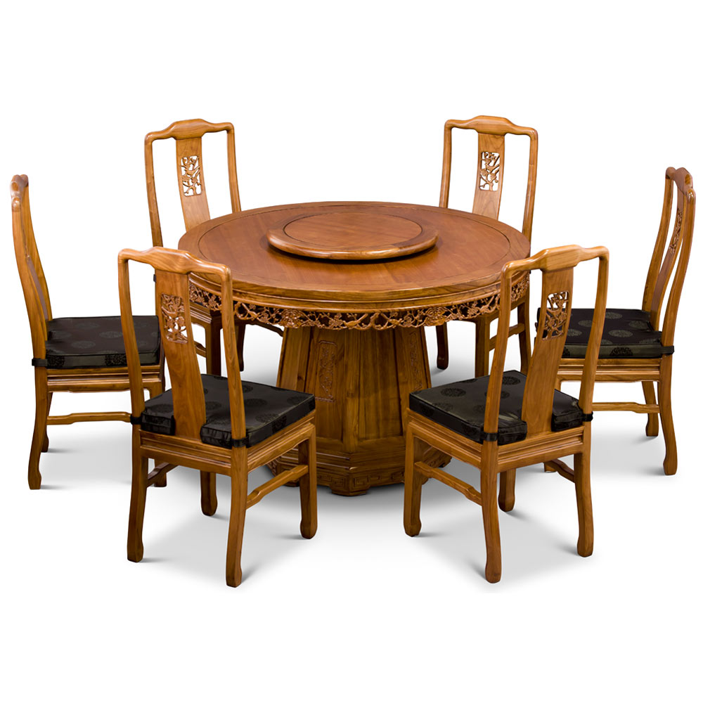 Walnut Finish Elmwood Bird and Flower Round Chinese Dining Set with 6 Chairs