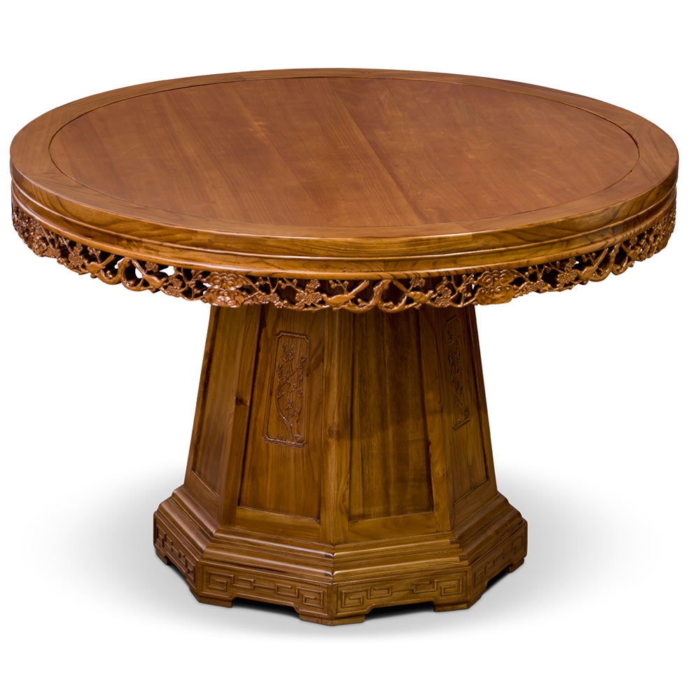 Walnut Finish Elmwood Bird and Flower Round Chinese Dining Set with 6 Chairs