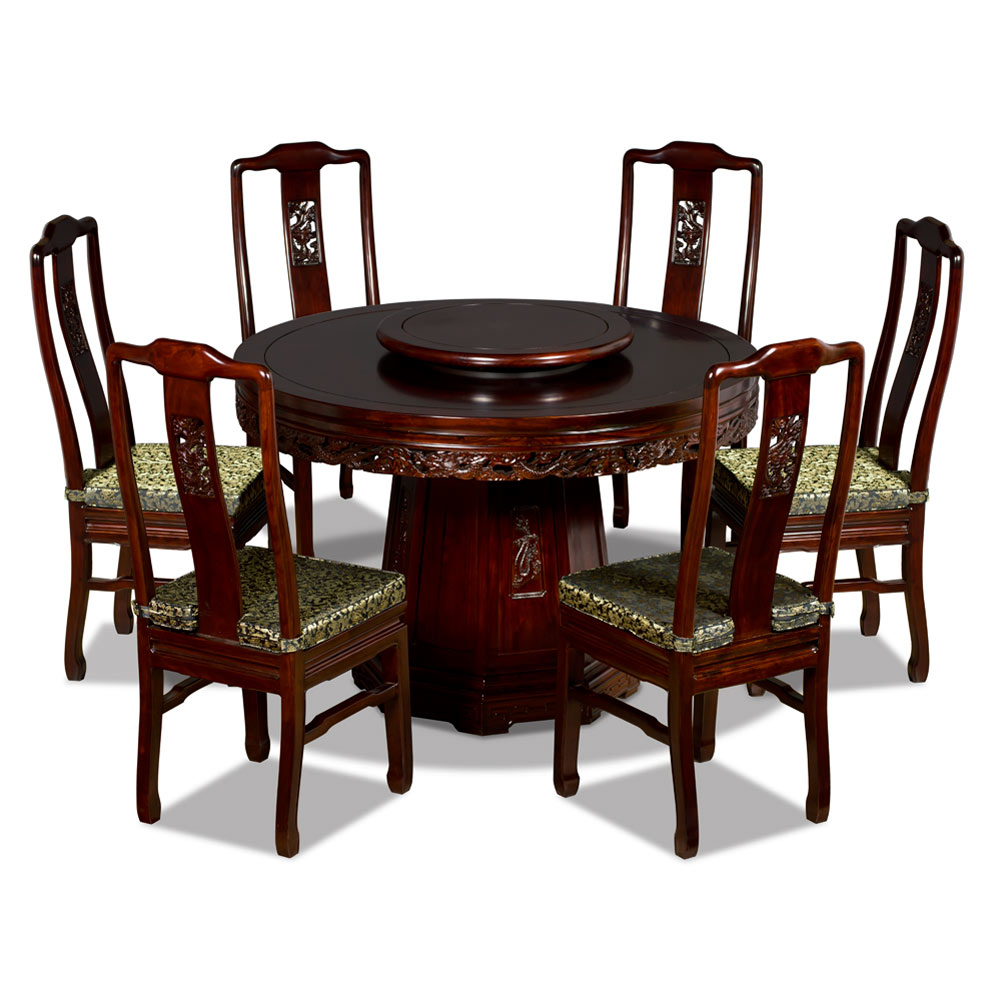 Dark Cherry Elmwood Dragon Motif Round Oriental Dining Set with 6 Chairs