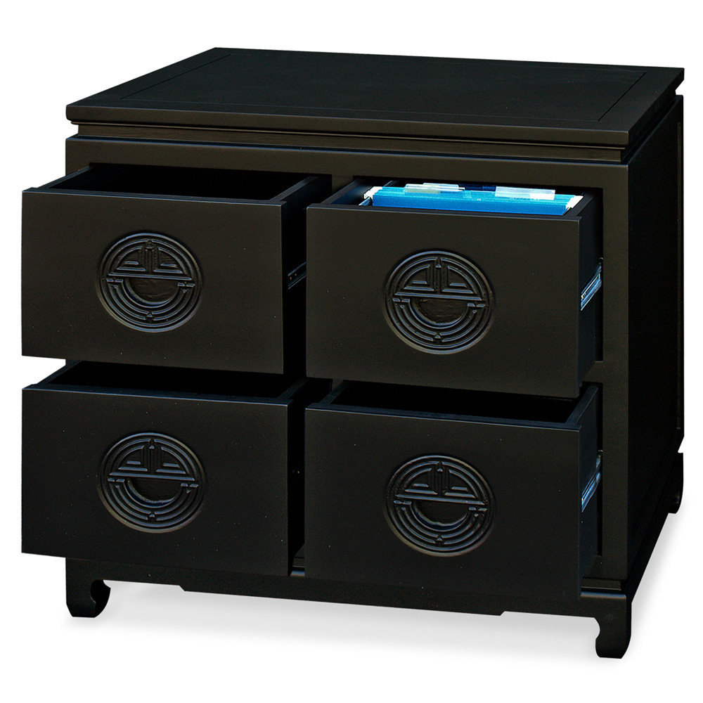 Black Elmwood Chinese Longevity Design 4 Drawer File Cabinet