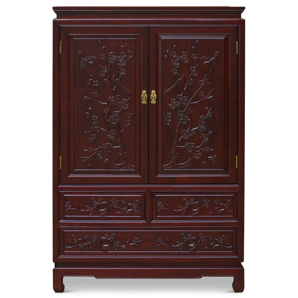 Dark Cherry Elmwood Bird and Flower Motif Oriental Armoire