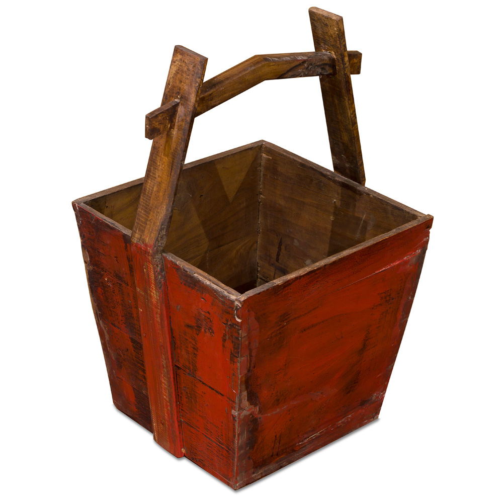 Vintage Red Wooden Oriental Water Bucket