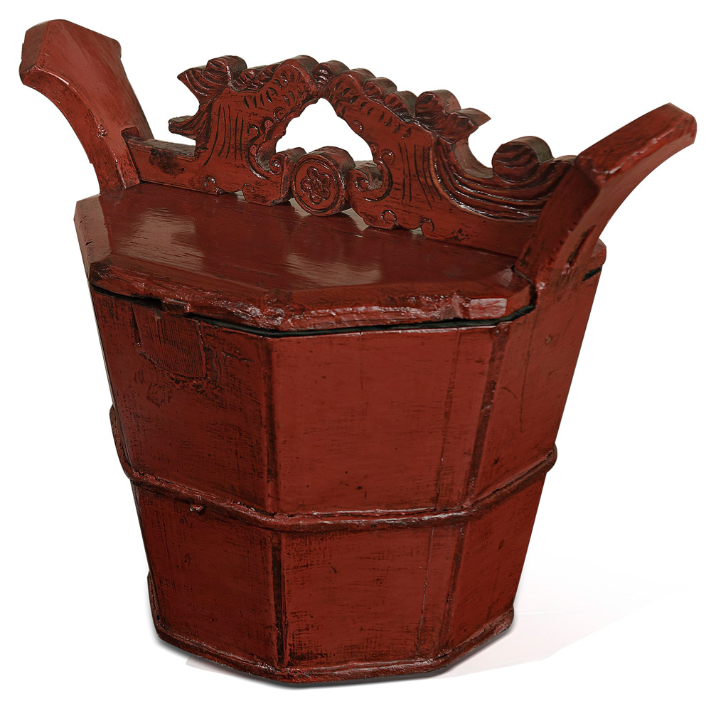 Distressed Red Oriental Wooden Bucket