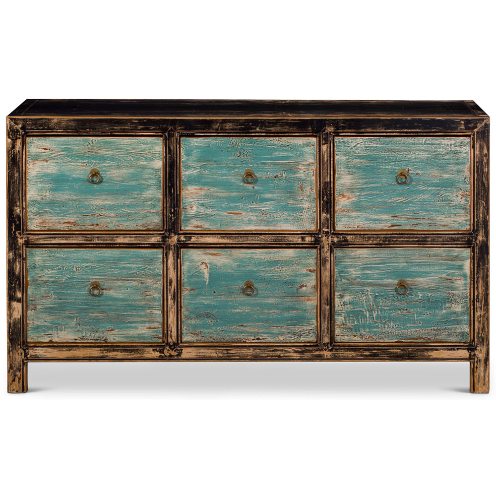 Distressed Oriental Elmwood Ming File Cabinet with Powder Blue Drawers