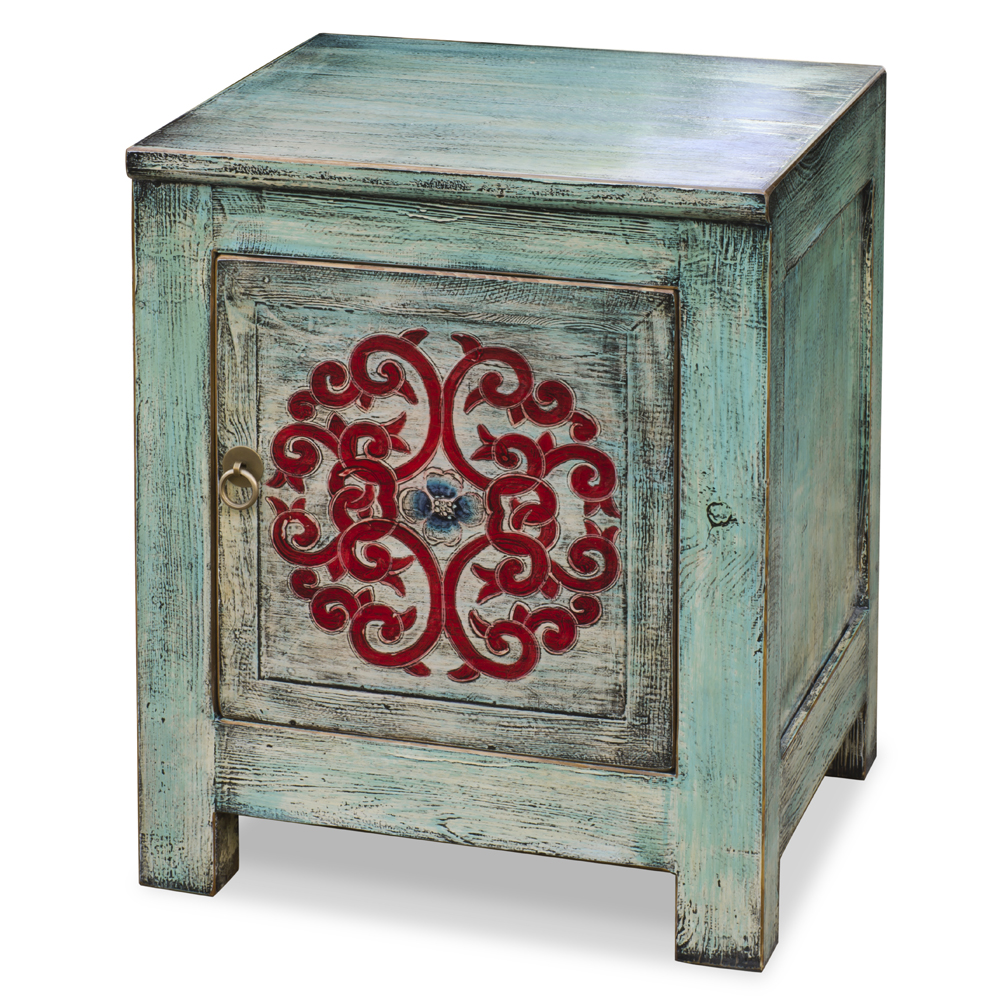 Distressed Light Turquoise Blue Elmwood Tibetan Cabinet
