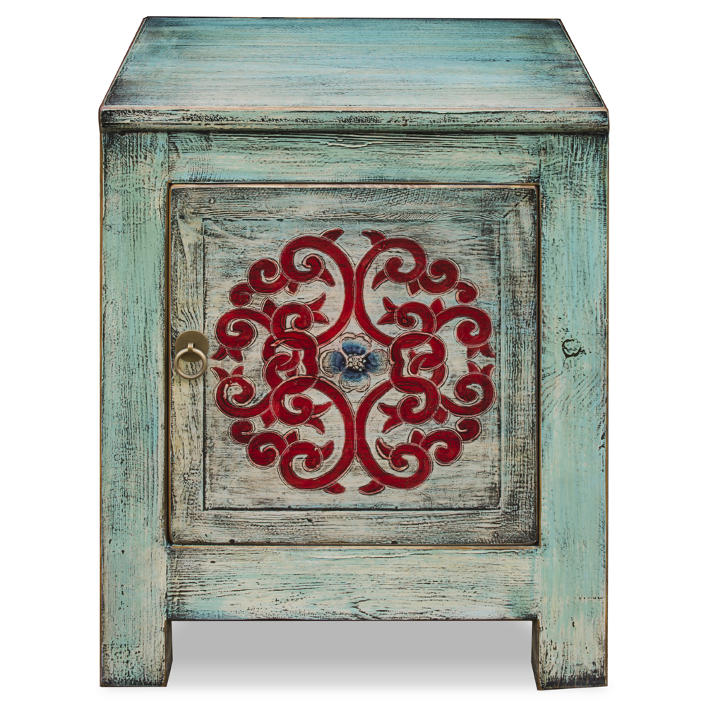 Distressed Light Turquoise Blue Elmwood Tibetan Cabinet