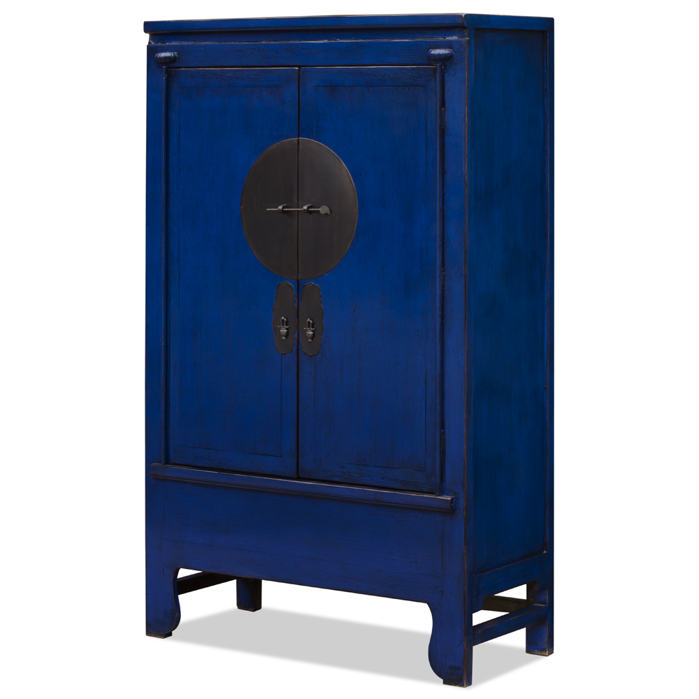 Distressed Navy Blue Elmwood Chinese Ming Wedding Armoire