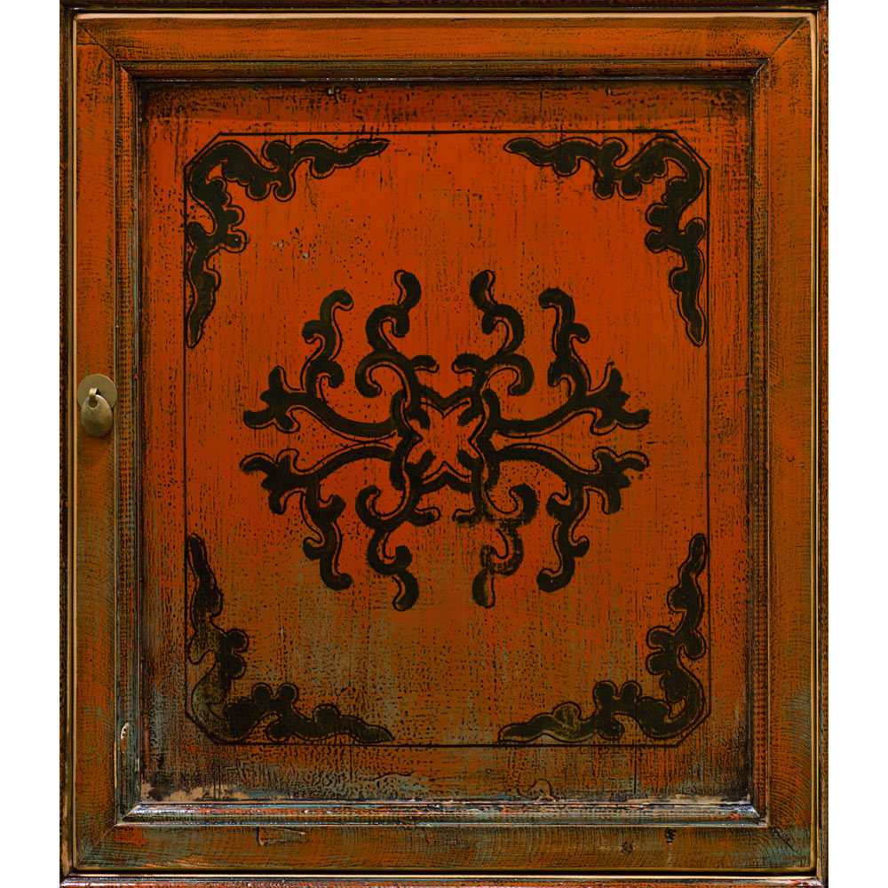 Hand Painted Distress Orange Elmwood Tibetan Cabinet