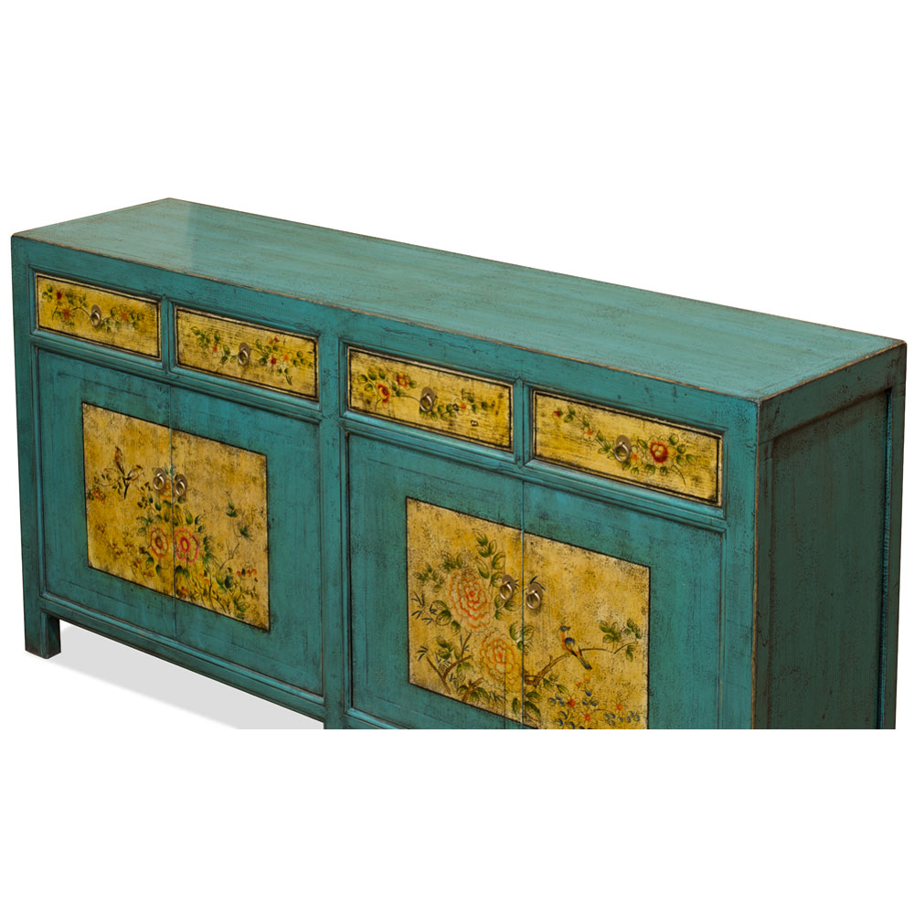 Hand Painted Distressed Blue Bird and Peony Elmwood Tibetan Cabinet