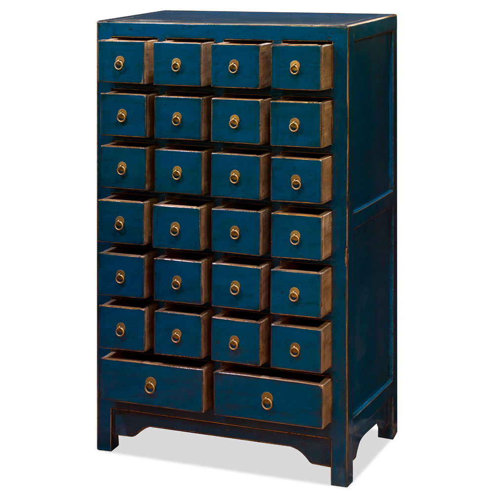Distressed Blue Elmwood Chinese Apothecary Chest of Drawers