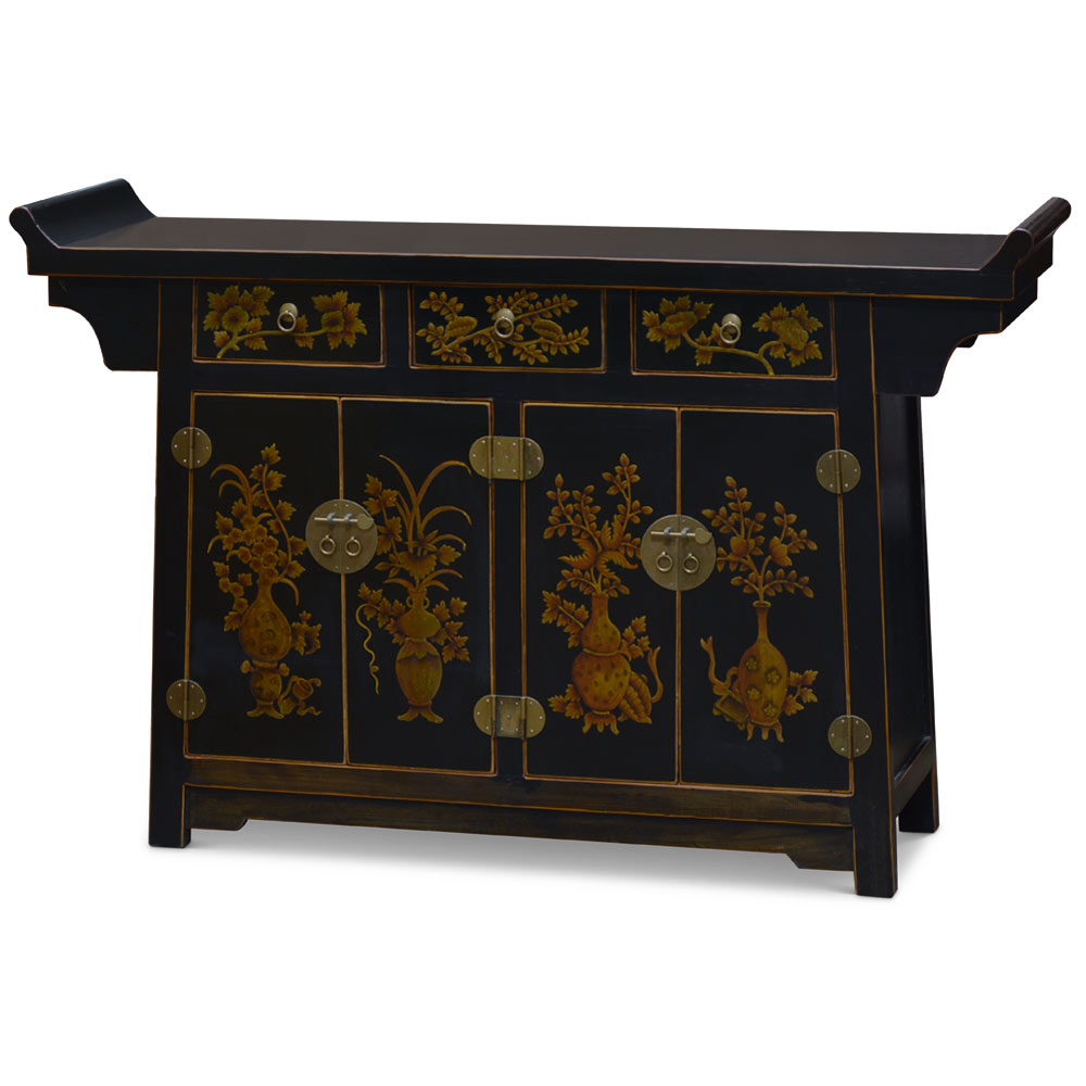 Distressed Black Flower Motif Asian Altar Cabinet