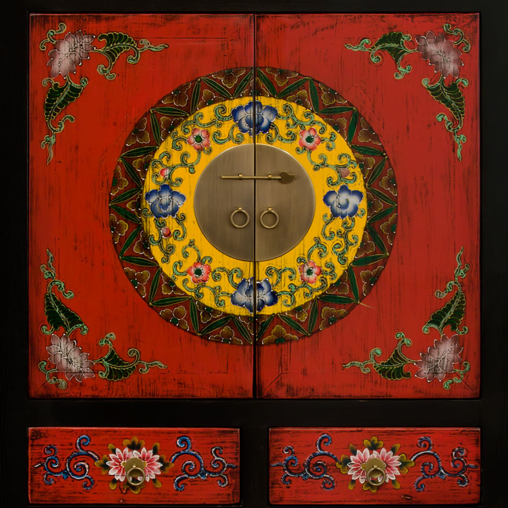 Red and Black Elmwood Flower Motif Tibetan Tall Cabinet