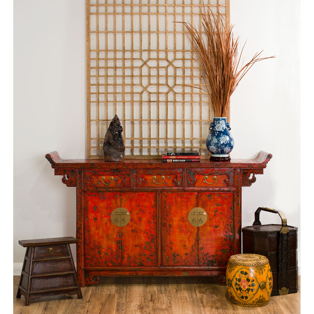 Vintage Elmwood Distressed Orange Red Altar Style Oriental Sideboard