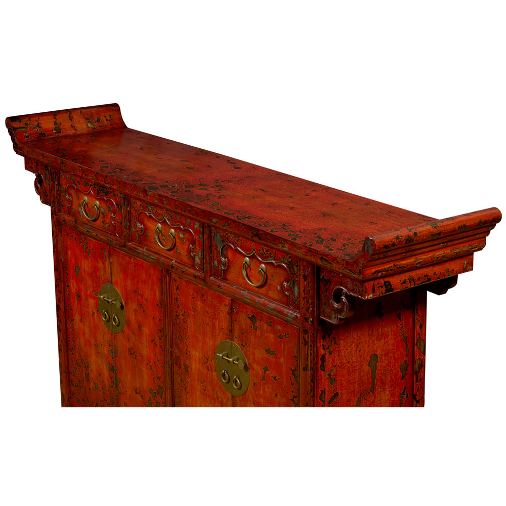 Vintage Elmwood Distressed Orange Red Altar Style Oriental Sideboard