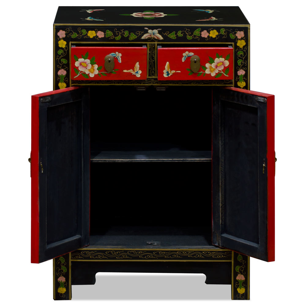 Red and Black Hand Painted Elmwood Butterfly Motif Oriental Cabinet