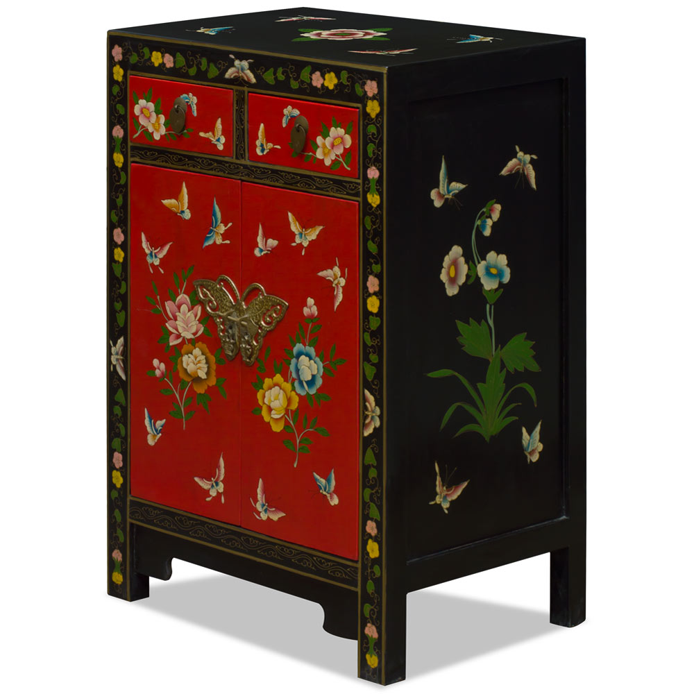 Red and Black Hand Painted Elmwood Butterfly Motif Oriental Cabinet