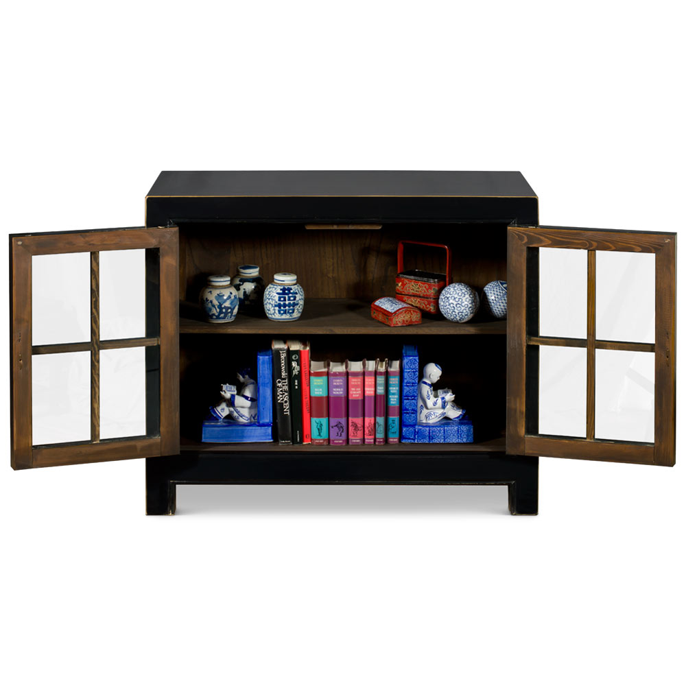 Distressed Black Elmwood Ming Style Asian Cabinet with Glass Doors