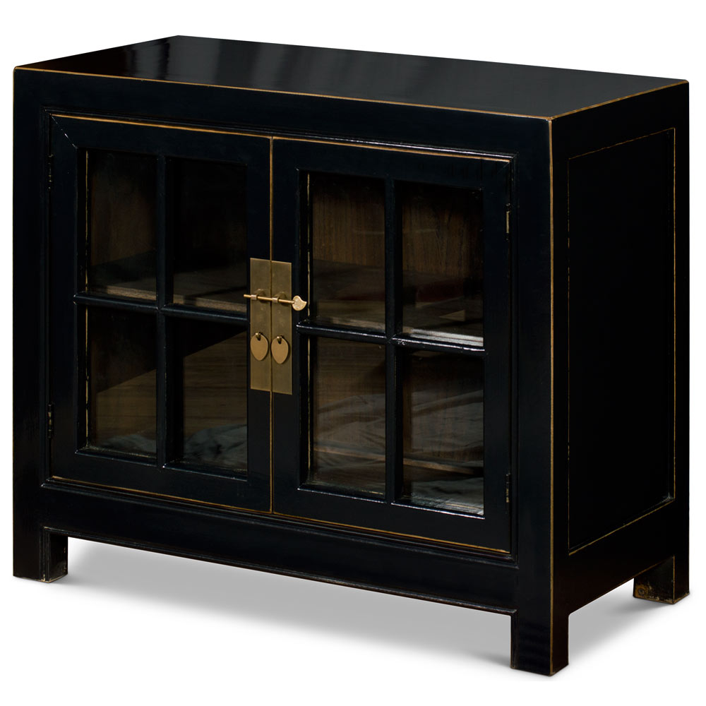 Distressed Black Elmwood Ming Style Asian Cabinet with Glass Doors