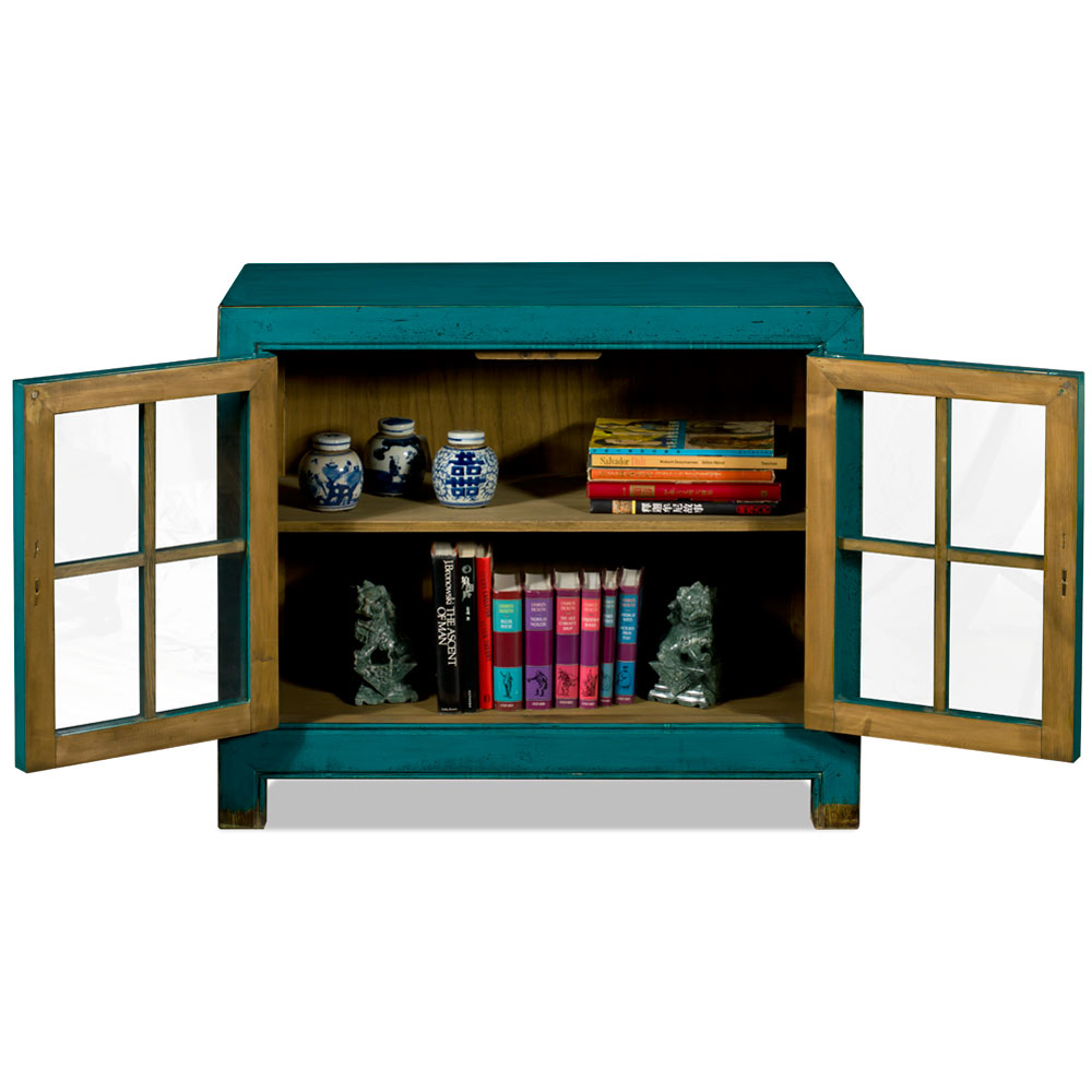 Distressed Teal Elmwood Ming Style Asian Cabinet with Glass Doors