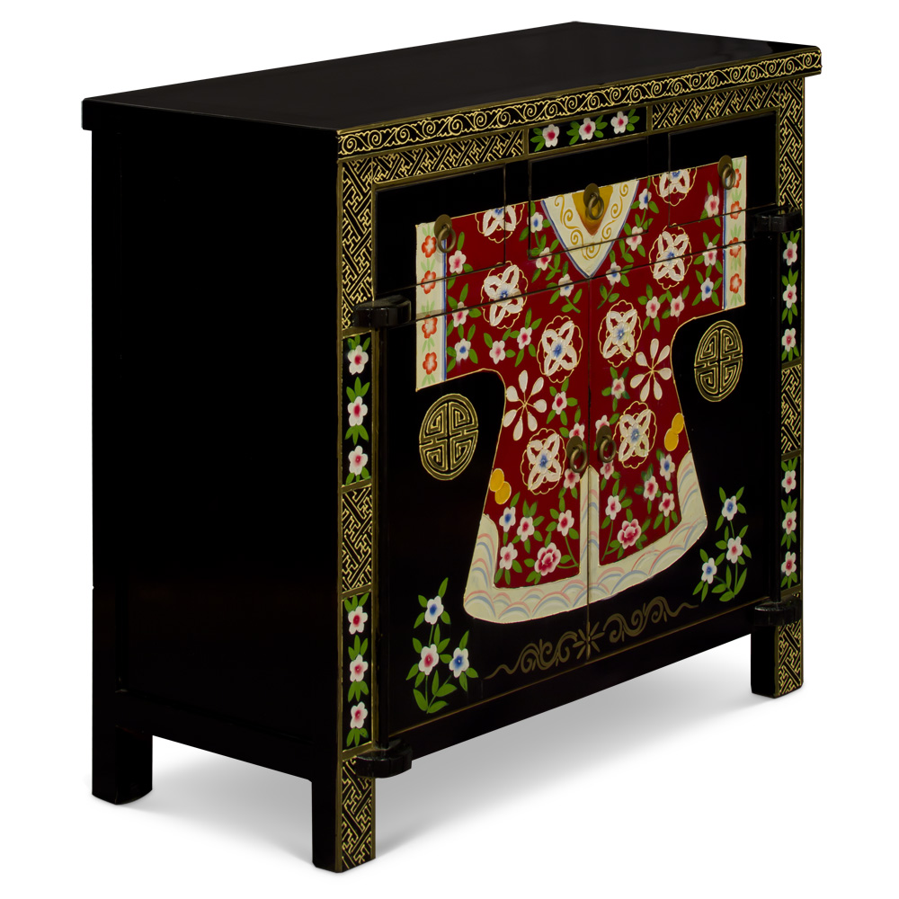 Hand Painted Elmwood Mandarin Robe Motif Oriental Cabinet