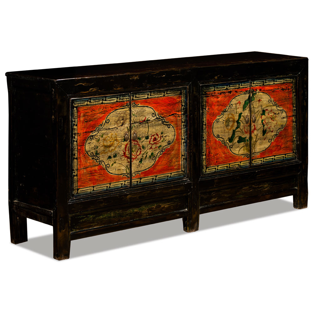 Vintage Hand Painted Lotus and Peony Motif Orange Elmwood Mongolian Cabinet