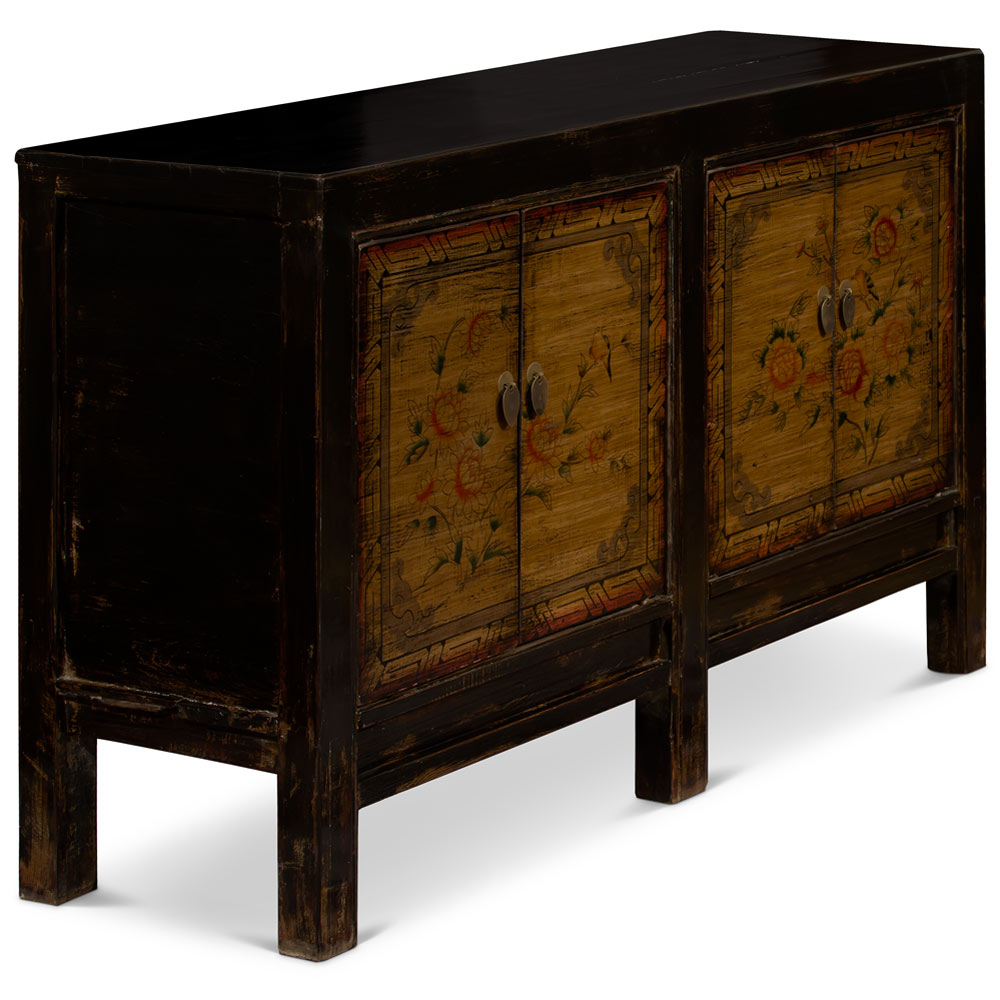 Hand Painted Distressed Yellow Flower and Bird Elmwood Oriental Sideboard