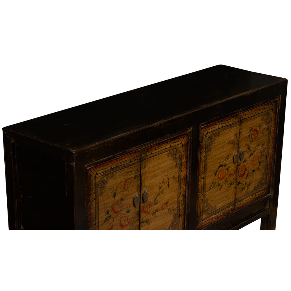 Hand Painted Distressed Yellow Flower and Bird Elmwood Oriental Sideboard