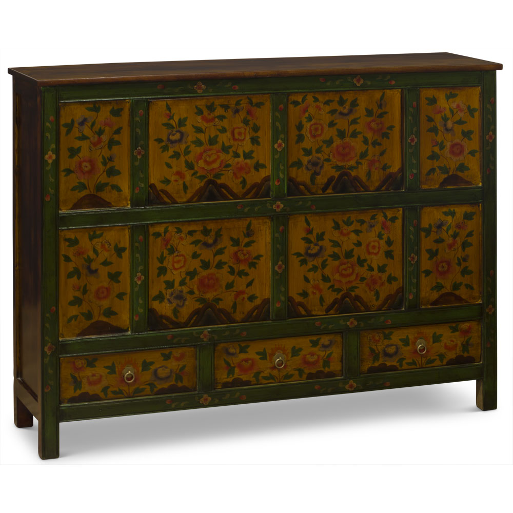 Green and Yellow Hand Painted Tibetan Motif Elmwood Cabinet