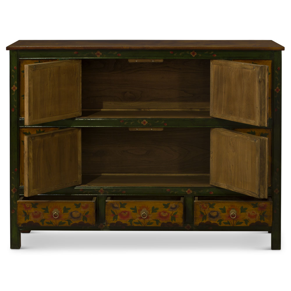 Green and Yellow Hand Painted Tibetan Motif Elmwood Cabinet