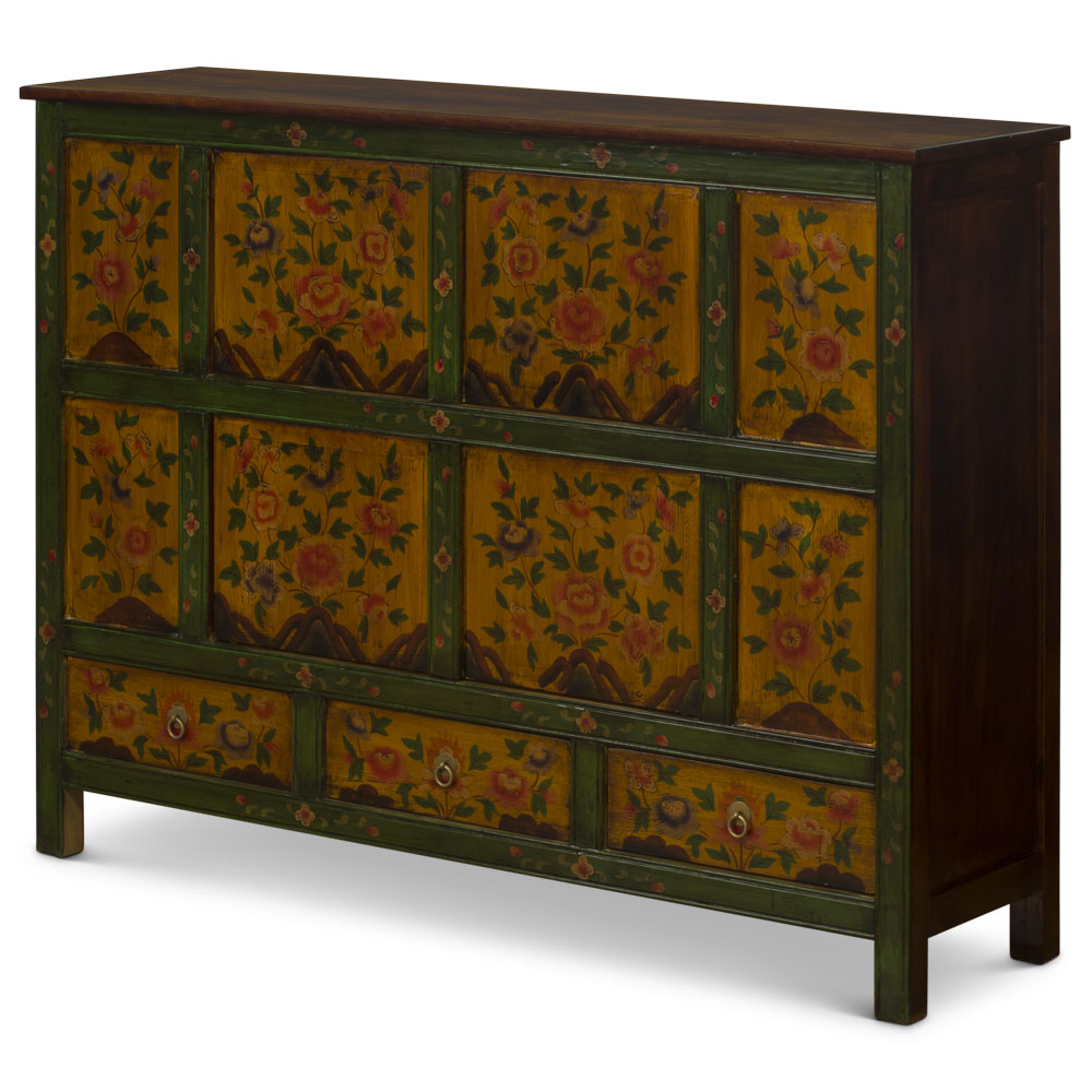 Green and Yellow Hand Painted Tibetan Motif Elmwood Cabinet